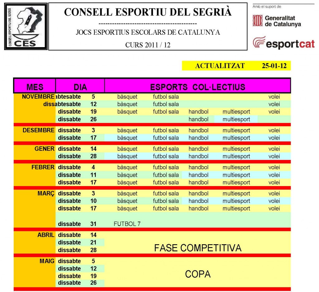 CALENDARI ESPORTS COL.LECTIUS 2a FASE